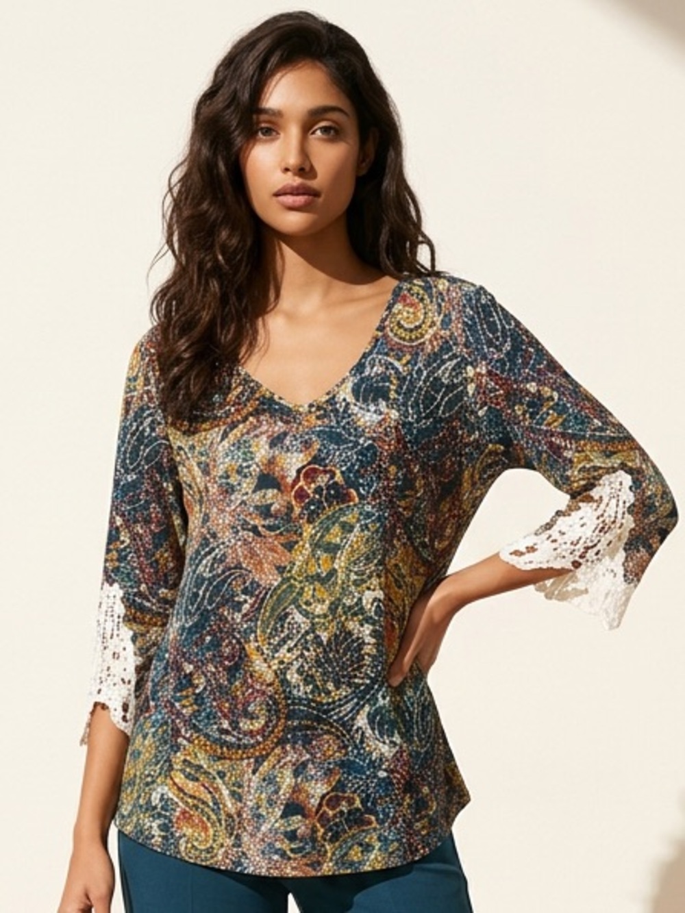 Stem & Vine Multicolor Paisley Scoop Neck Lace 3/4 Bell Sleeve Blouse 2X
